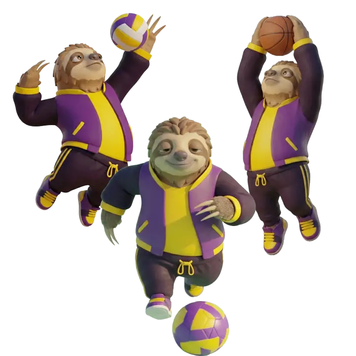 Mascotas Slofy jugando a baloncesto, fútbol y voleibol